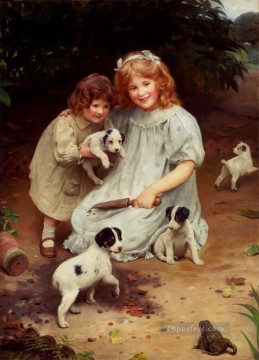 動物 Painting - 招かれざる客 牧歌的な子供たち アーサー・ジョン・エルスリー ペットの子供たち